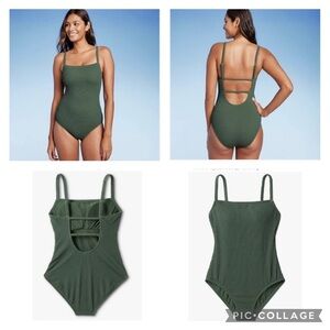 Kona Sol Textured One Piece Swimsuit High Square Neck Scoop Back Women’s size L